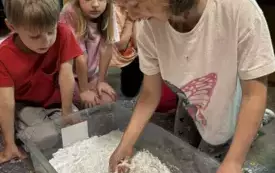 DZIEWCZYNKA SZUKA CYFR UKRYTYCH W POJEMNIKU Z MĄKĄ ZIEMNIACZANĄ