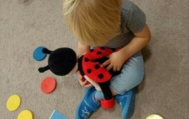 Dzień kropki w grupie 3. Dziecko trzyma zabawkową biedronkę 